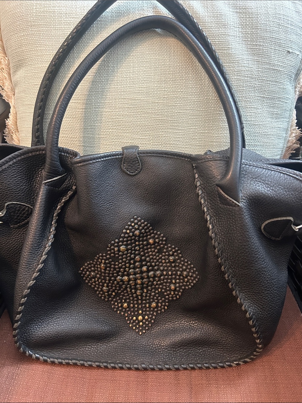 Tylie Malibu Black Stud-Embellished Leather Tote